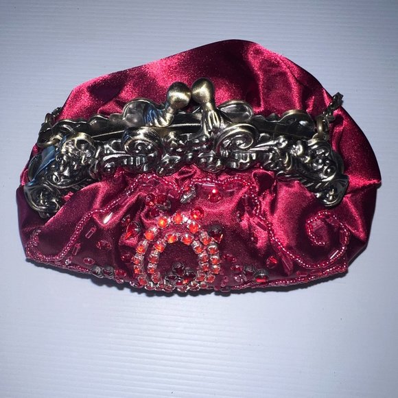 Red Vintage Style Clutch Wristlet Bag With Beads & Gems Detail - Picture 8 of 10
